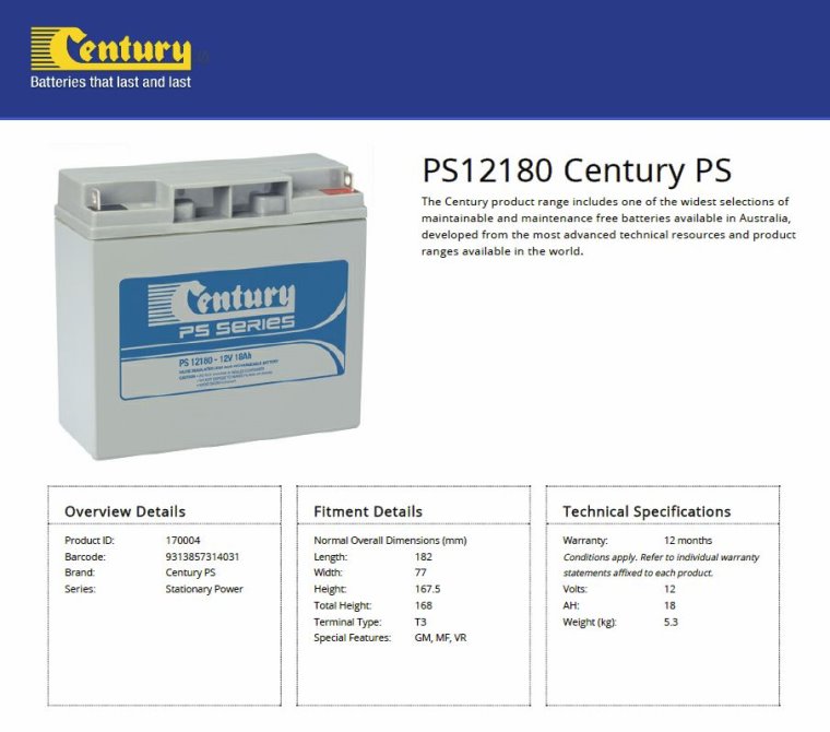 Century PS12180 12V 18Ah PS Series
