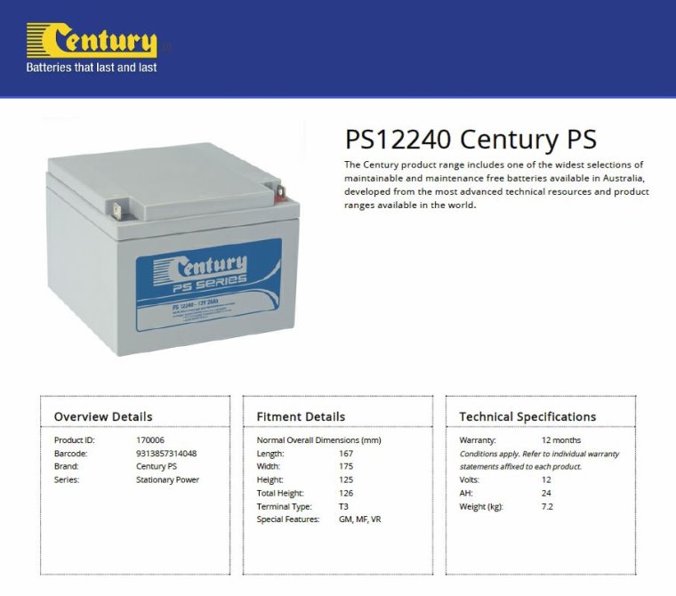 Century PS12240 12V 24Ah PS Series