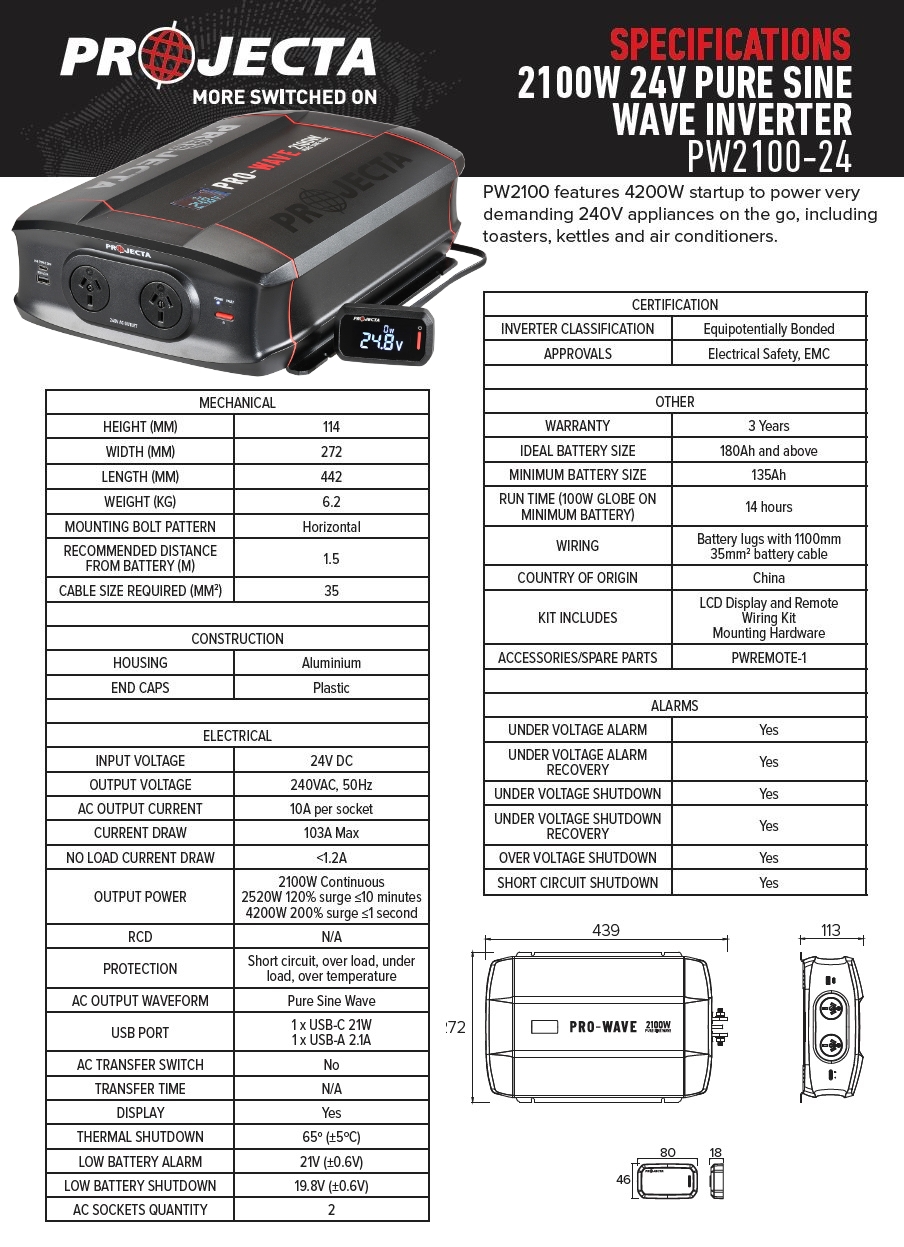 Projecta PW2100-24 Pro-Wave 24V 2100W Pure Sine Wave Inverter