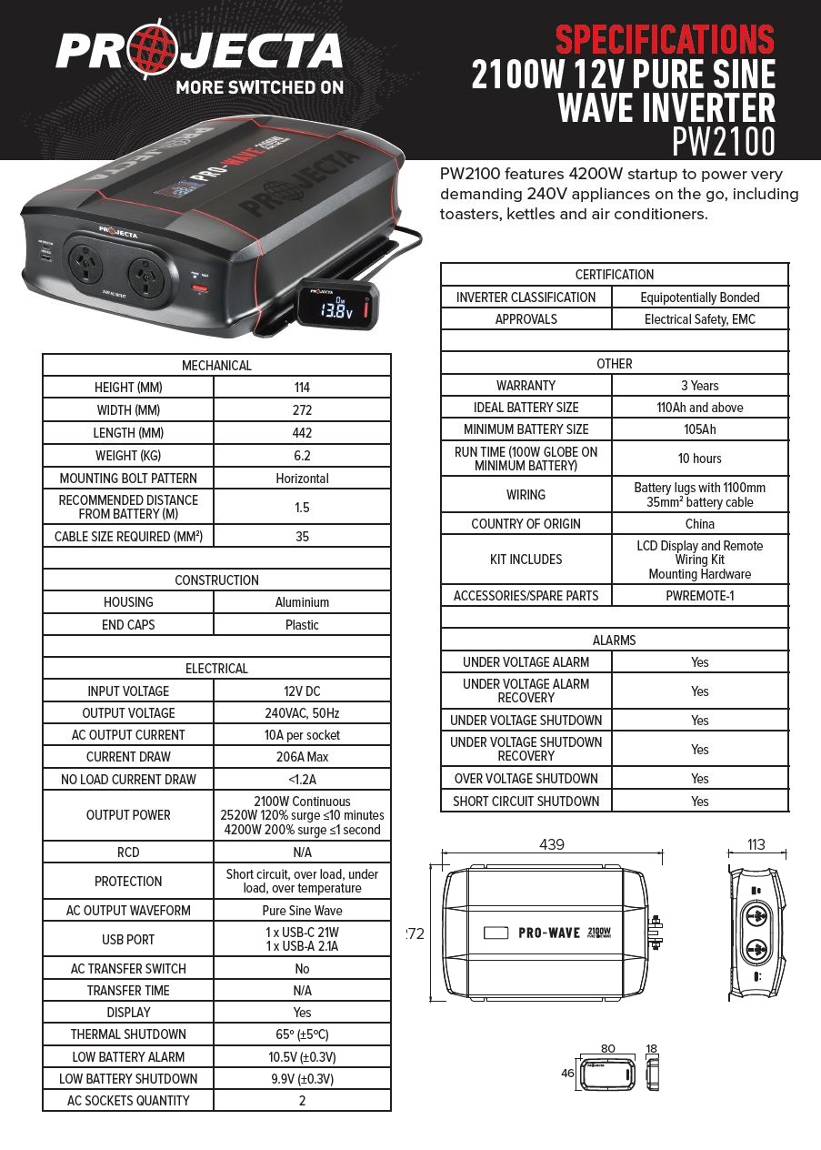 Projecta PW2100 Pro-Wave 12V 2100W Pure Sine Wave Inverter